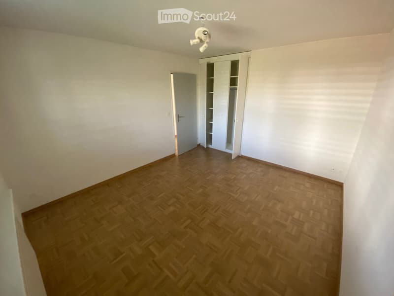 Empty room with wooden herringbone flooring, white walls, and a built-in closet with open shelving. A single light fixture hangs from the ceiling.