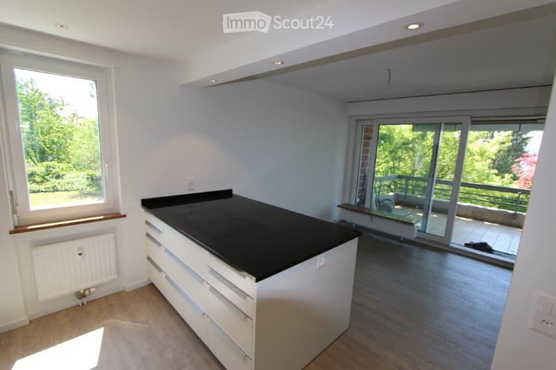 Modern kitchen with white cabinets, black countertop, and large windows overlooking a green area. Features a sliding glass door leading to a balcony.