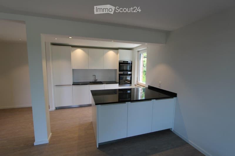 Modern kitchen with white cabinets, black countertop, and built-in oven. Features a central island with a black countertop and a sink area with a faucet.