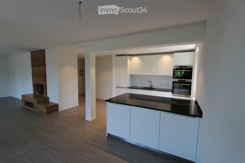 Modern kitchen with white cabinets, black countertops, and a central island. Adjacent living area features a fireplace and wooden flooring.