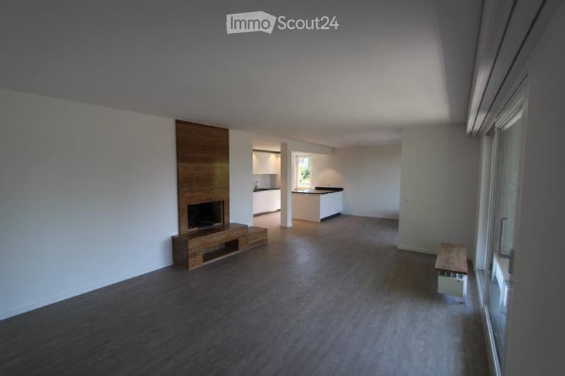 Empty living space with wooden flooring, white walls, fireplace, and a small kitchen area visible in the background.