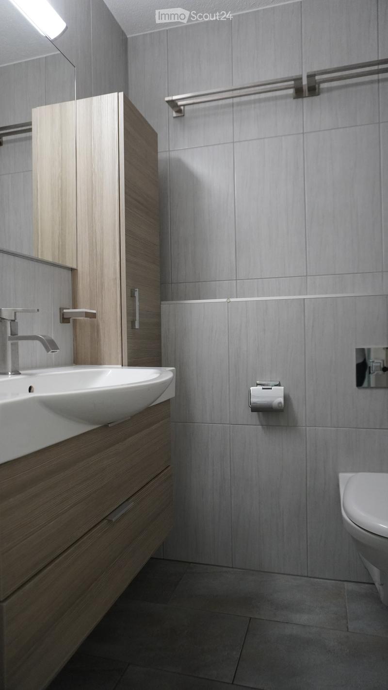 Modern bathroom with a sleek wooden cabinet, white sink, chrome faucet, and a toilet. Grey tiled walls and floor.