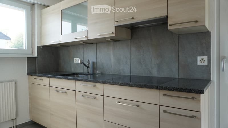 Modern kitchen with light wooden cabinets, dark granite countertop, stainless steel sink and faucet, and built-in cabinets above.