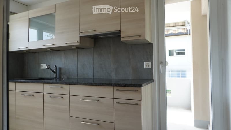 Modern kitchen with light wood cabinets, dark countertops, and a stainless steel sink.