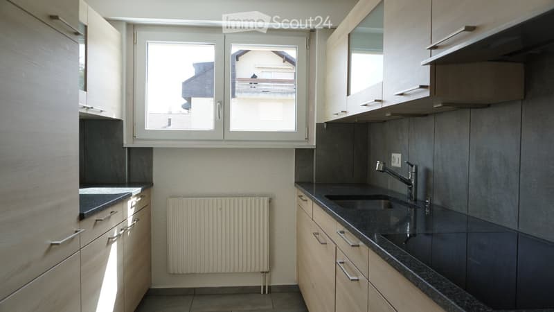 Modern kitchen with light wooden cabinets, dark countertops, a double sink, and a radiator below the window.