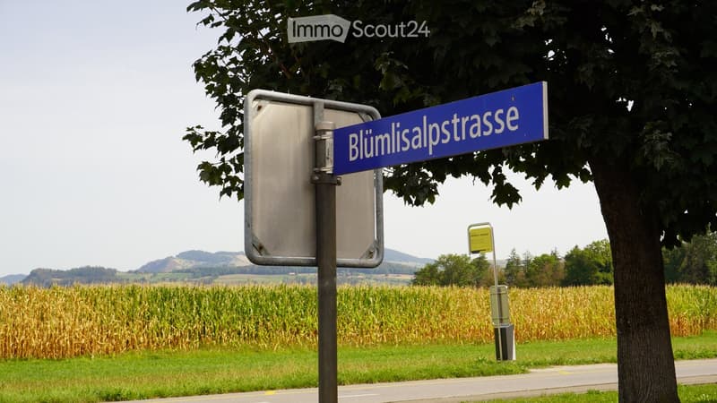 Street sign for Blümlisalpstrasse with a rural landscape featuring cornfields, trees, and distant hills.