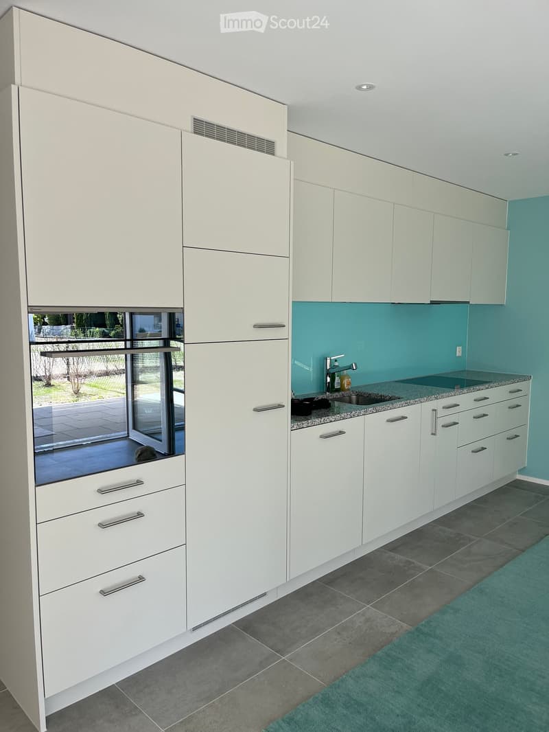 Modern kitchen with white cabinets, granite countertop, stainless steel sink, and a window overlooking a patio.