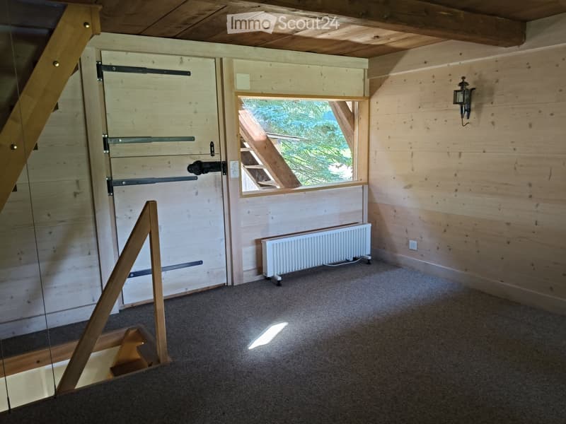 Empty room with wooden walls, carpeted floor, a large window, a radiator, and a wooden door with metal latches.
