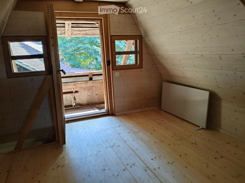 Empty attic room with wooden walls and floor, large windows, and a radiator. No furniture or equipment present.