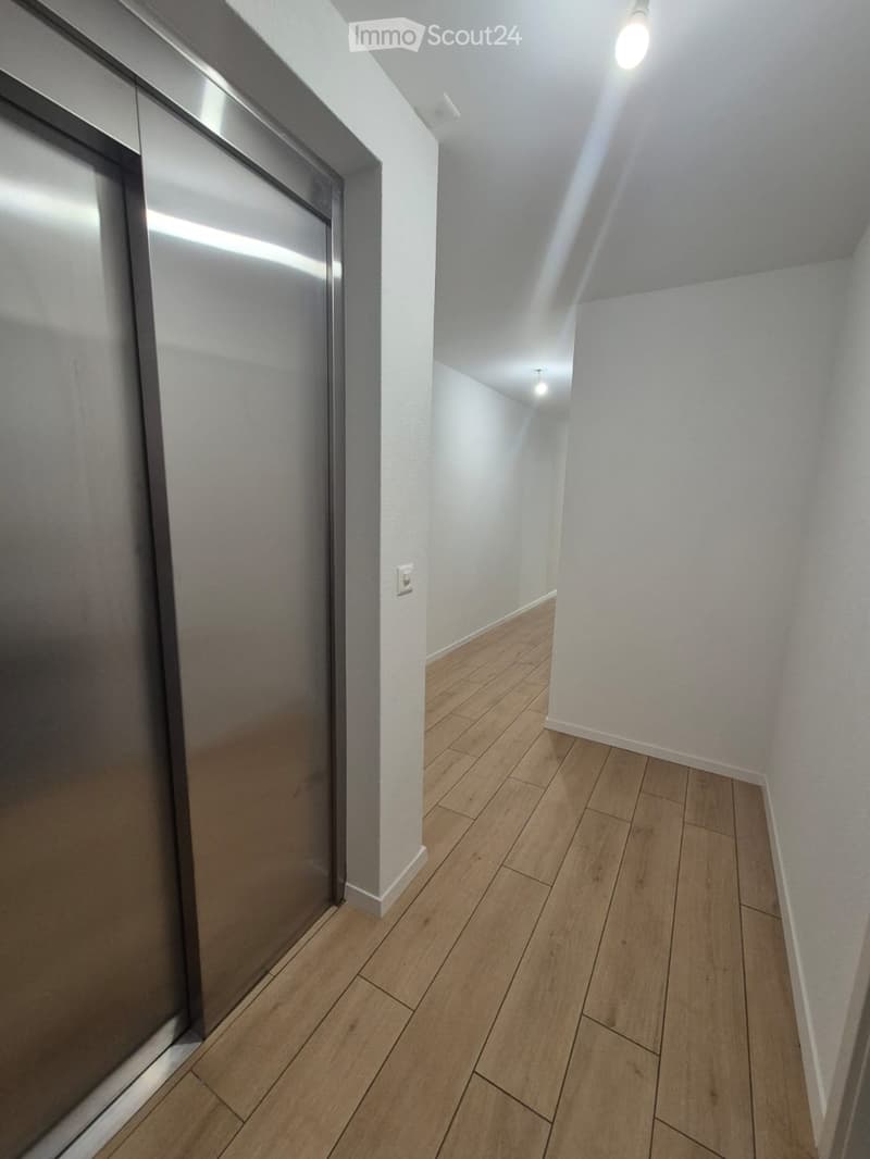 A narrow hallway with light wooden flooring, white walls, and a modern elevator door on the left side.