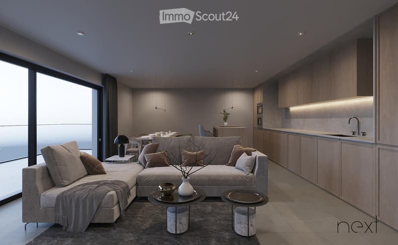 Modern living and dining area with a grey sectional sofa, coffee table, side tables, dining table with chairs, and a sleek kitchen area with cabinets, sink, and oven.