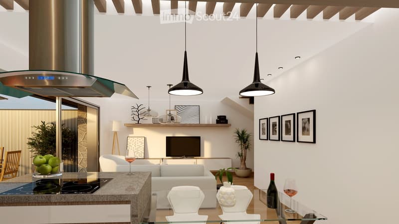 Modern living room with white walls, wooden ceiling beams, and a large open space. Features include a white sofa, glass coffee table, white chairs, a television, framed pictures, decorative vases, and a wine bottle on a glass table. The room is well-lit w