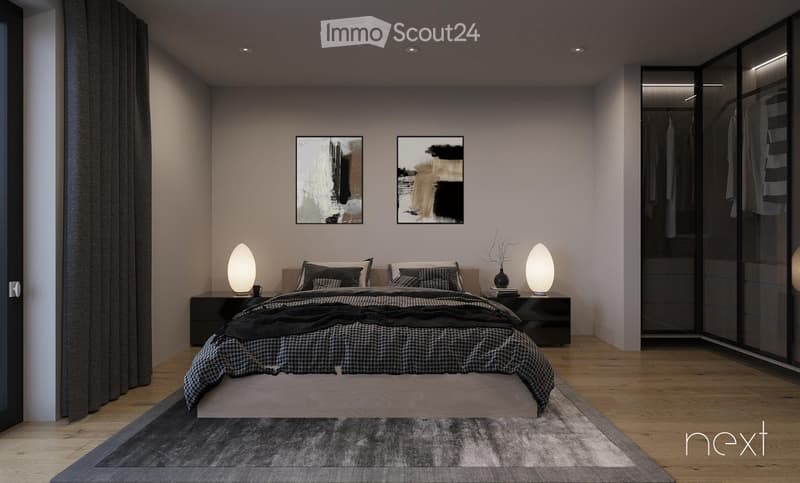 Modern bedroom with a large bed, nightstands, lamps, artwork, and a sleek wardrobe with mirrored doors.
