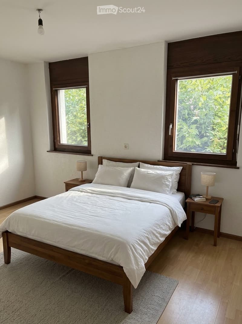 Cozy bedroom with a wooden bed, white bedding, two nightstands with lamps, and a small rug on the floor.
