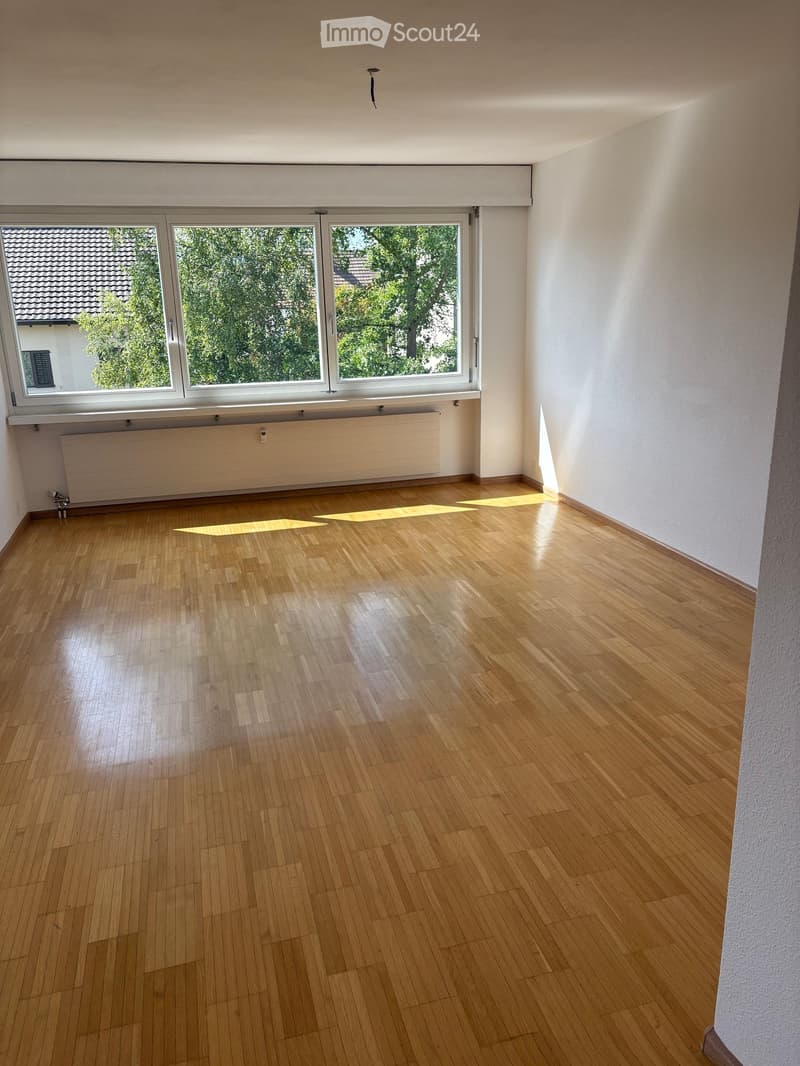 Empty room with wooden flooring, white walls, large windows, and a radiator below the windows.