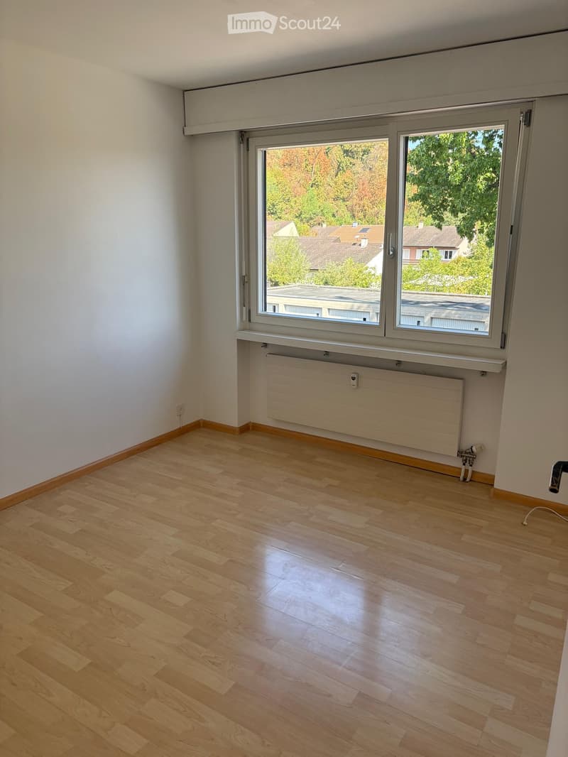 Empty room with light wooden flooring, white walls, and a large window with a radiator below it.