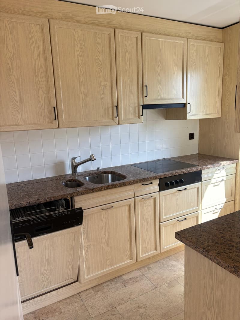 Modern kitchen with light wooden cabinets, granite countertops, stainless steel sink and faucet, electric stove, and built-in dishwasher.