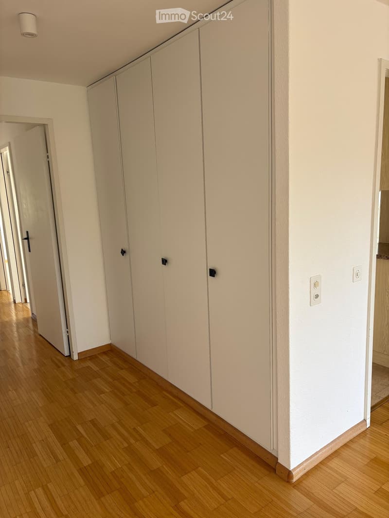 Empty hallway with light wooden flooring, white walls, and built-in white cabinets on one side. The hallway has a smooth, clean appearance with a recessed ceiling light fixture visible.