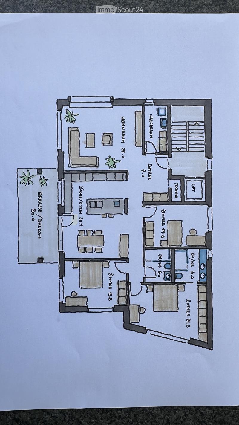 Floor plan showing a layout with a living room, kitchen, bedroom, bathroom, and entrance area. Includes a balcony and a staircase leading to another level.