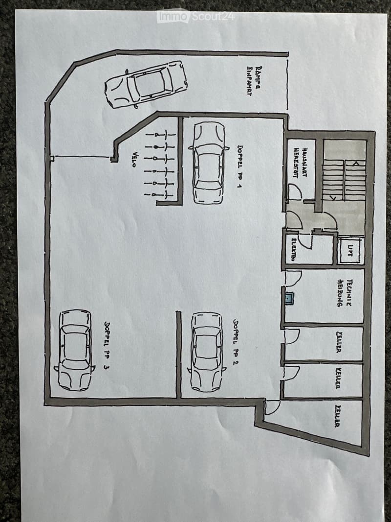 Floor plan showing a multi-level parking area with multiple car spaces, labeled as 'Doppel P1', 'Doppel P2', 'Doppel P3', and 'Velo'.