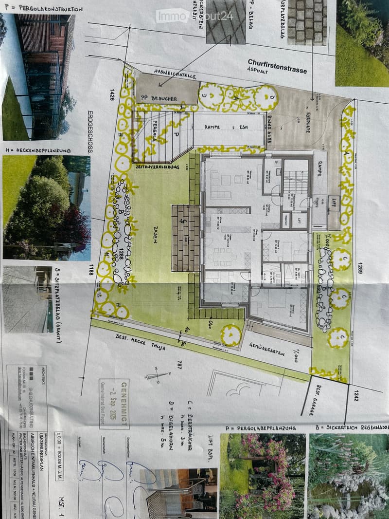 Floor plan showing layout of a residential property with labeled rooms, outdoor areas, and garden spaces.