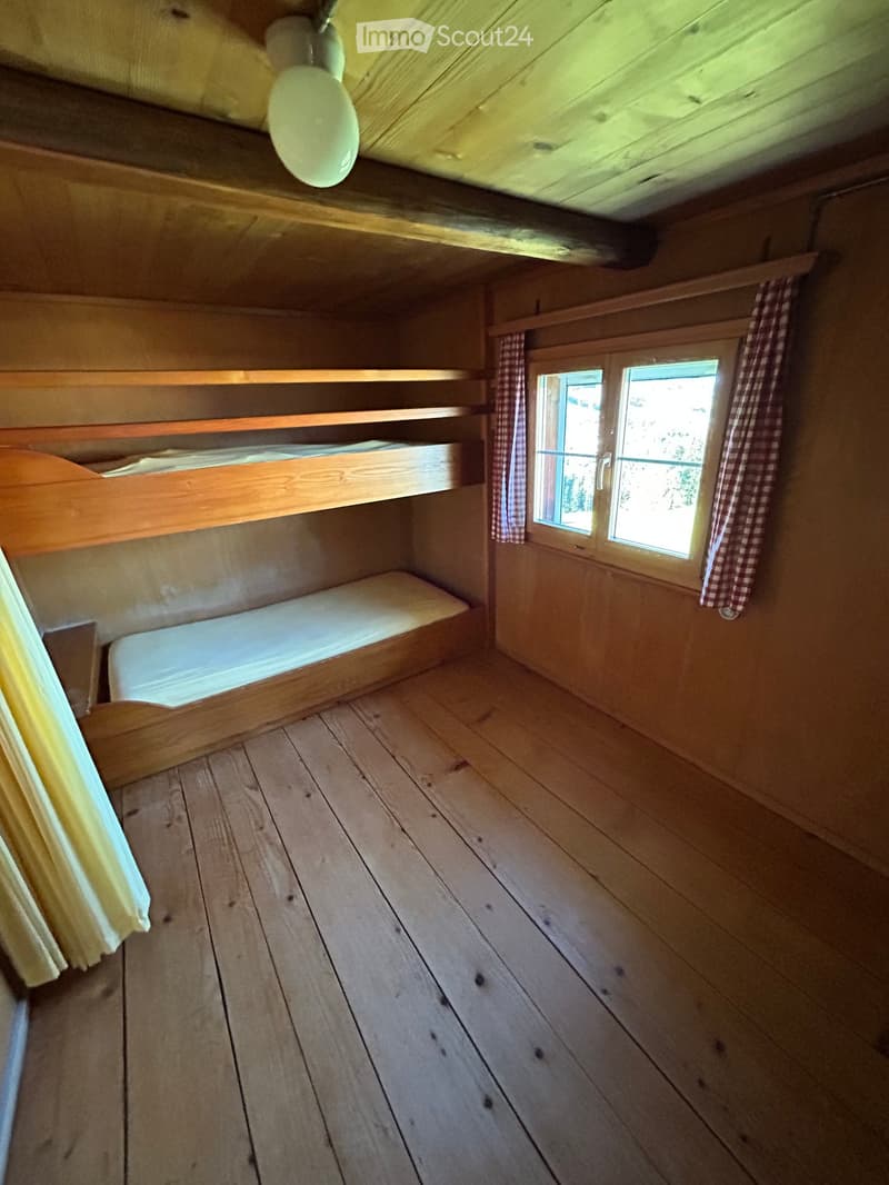 Cozy wooden bedroom with bunk bed, wooden floor, and checkered curtains on windows.