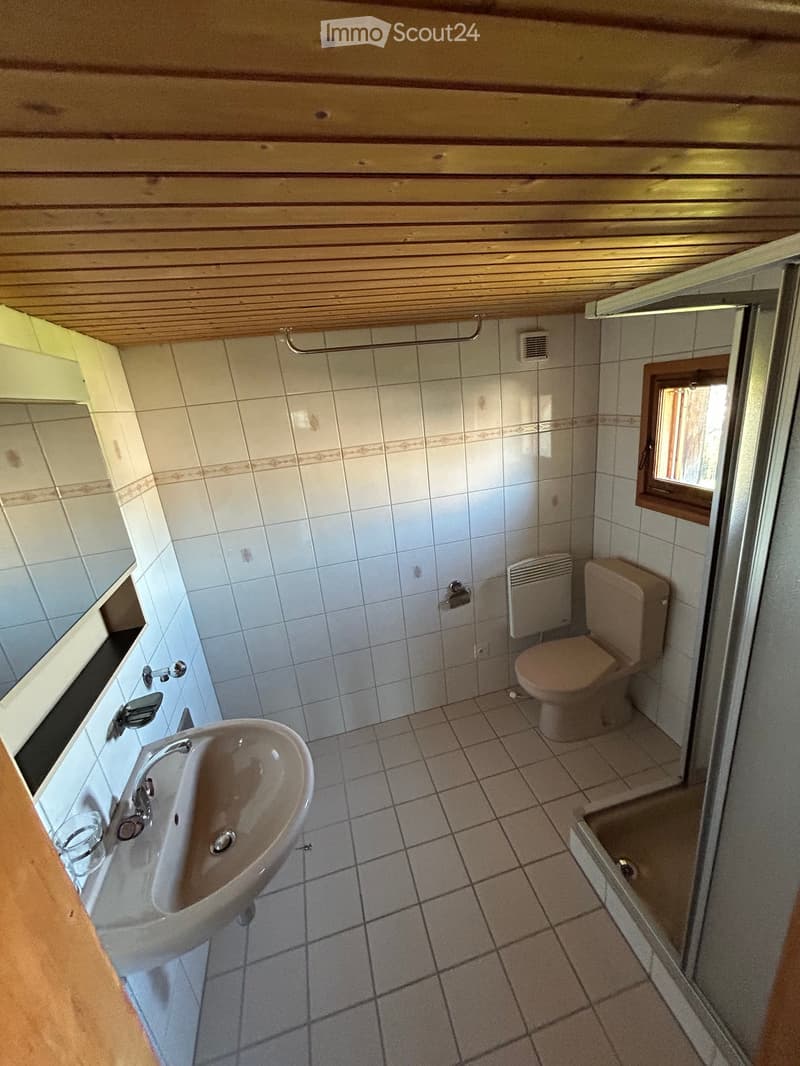 Bathroom with white tiled walls and floor, a sink, toilet, shower, mirror, and radiator.