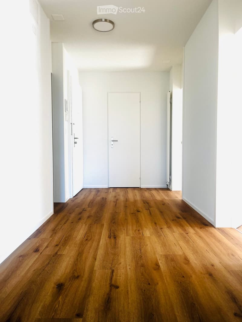 Empty hallway with light wooden flooring, white walls, and a central ceiling light fixture. Two doors are visible on either side.