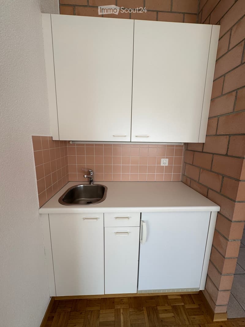 Compact kitchen with white cabinets, a stainless steel sink, and a tiled backsplash. The countertop is light-colored, and the floor is wooden.