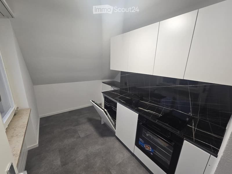 Modern kitchen with white cabinets, black marble countertops, and built-in appliances including a dishwasher and oven.