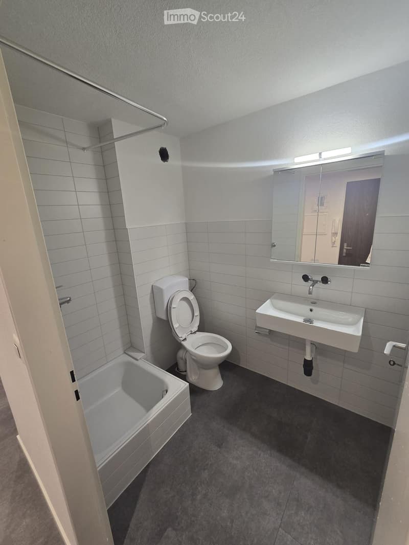 Modern bathroom with white tiles, a toilet, a sink, a bathtub, and a mirror above the sink.