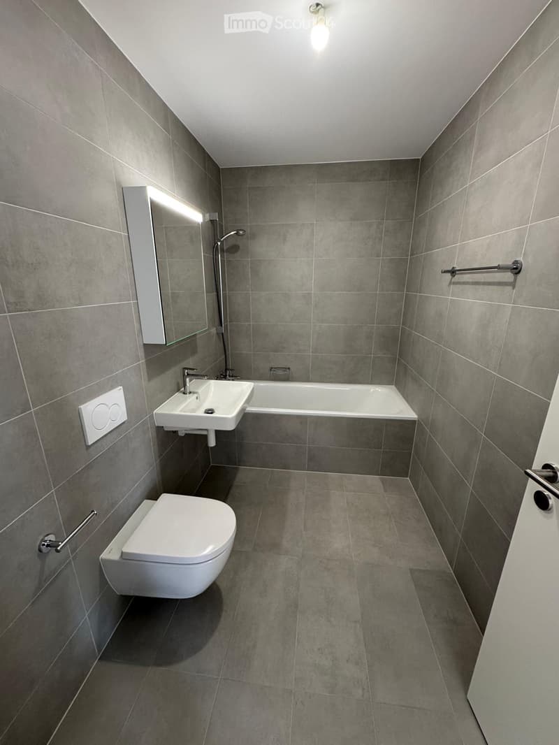 Modern bathroom with grey tiled walls and floor, featuring a toilet, sink, bathtub, and a large mirror with built-in lighting.