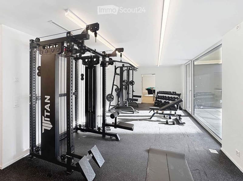Modern gym room with weight machine, bench, dumbbells, large windows, and a clean, organized layout.