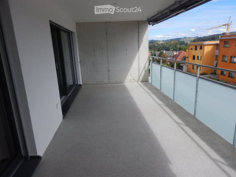 Modern balcony with grey carpeted floor, glass sliding door, metal railing, and scenic view of surrounding landscape and buildings.