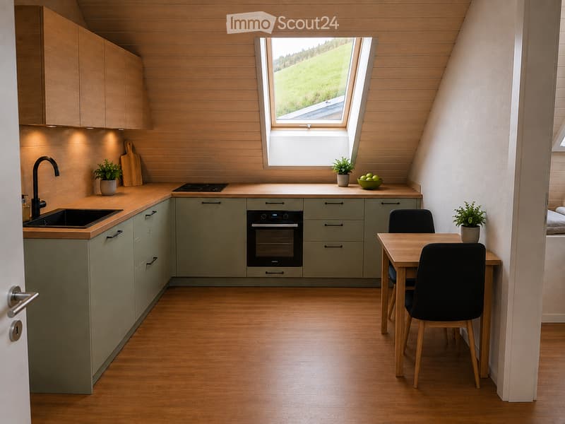 Modern kitchen with light wood cabinets, stainless steel appliances, and a small dining area. Features a sink, faucet, oven, table, chairs, cutting board, potted plants, and a bowl on the counter.