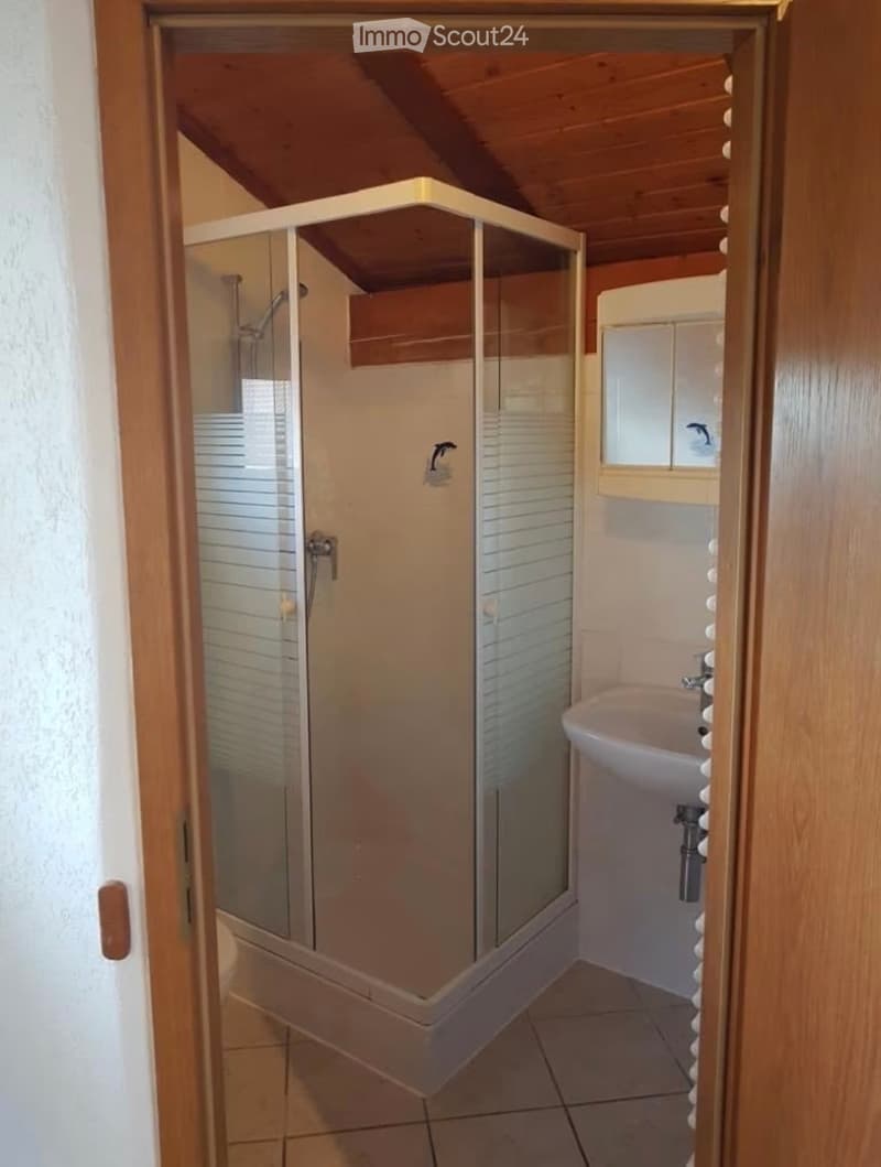 Modern bathroom with a glass-enclosed shower and a white sink, featuring tiled floors and wooden ceiling beams.