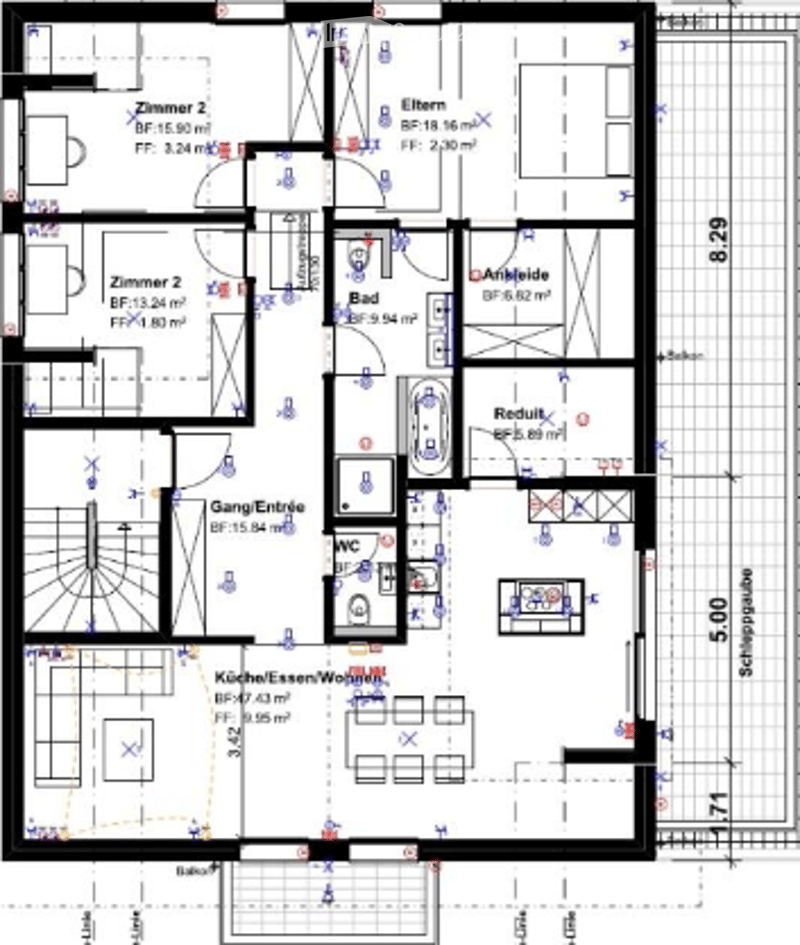 Floor plan of a 3-room apartment with a kitchen-dining-living area, two bedrooms, a bathroom, and a hallway.