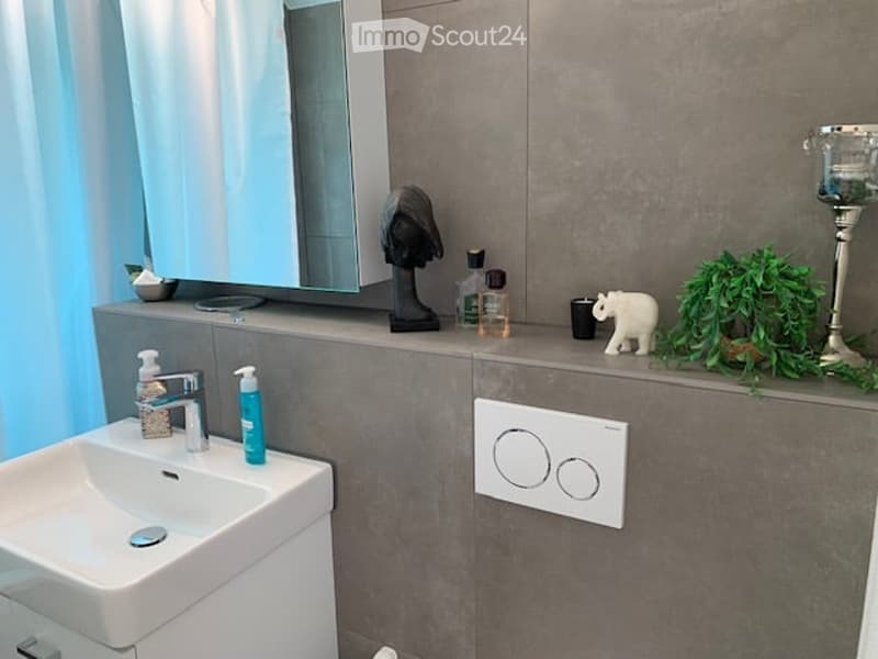Modern bathroom with a white sink, chrome faucet, large mirror, and decorative items on the counter including a small plant and candles.