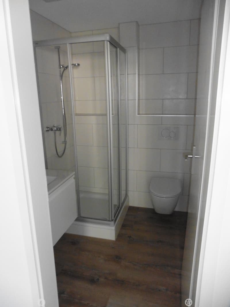 Bathroom with a toilet, a glass-enclosed shower, and a bathtub, featuring tiled walls and a wooden floor.