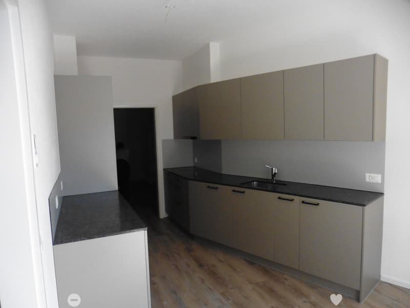 Modern kitchen with grey cabinets, black countertops, and a stainless steel sink.