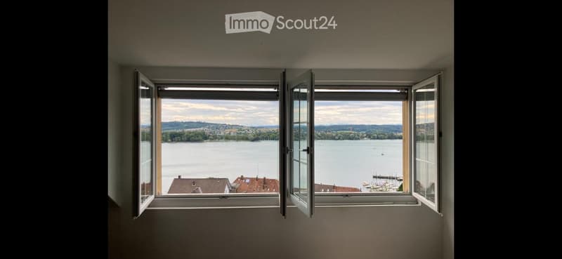 Empty room with large windows offering a scenic view of a lake and distant cityscape.