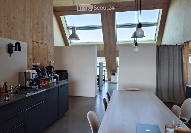Modern kitchen and dining area with dark cabinets, a coffee maker, and a long dining table with chairs.