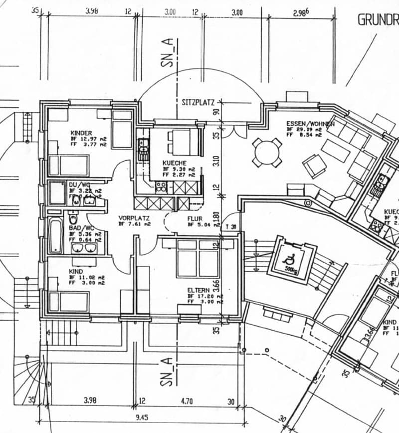 Floor plan of a house with multiple rooms including a kitchen, living/dining area, bedrooms, bathrooms, and a hallway.