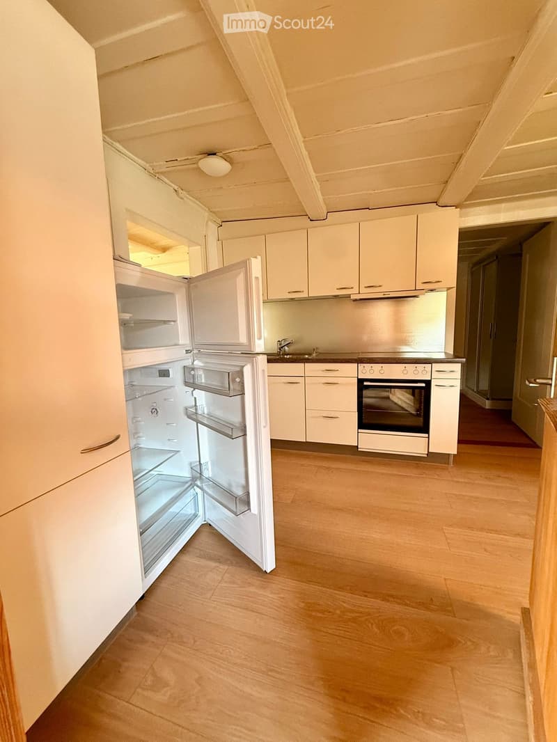 Modern kitchen with white cabinets, a stainless steel oven, and an open refrigerator. The floor is light wood, and the space is well-lit with natural light.