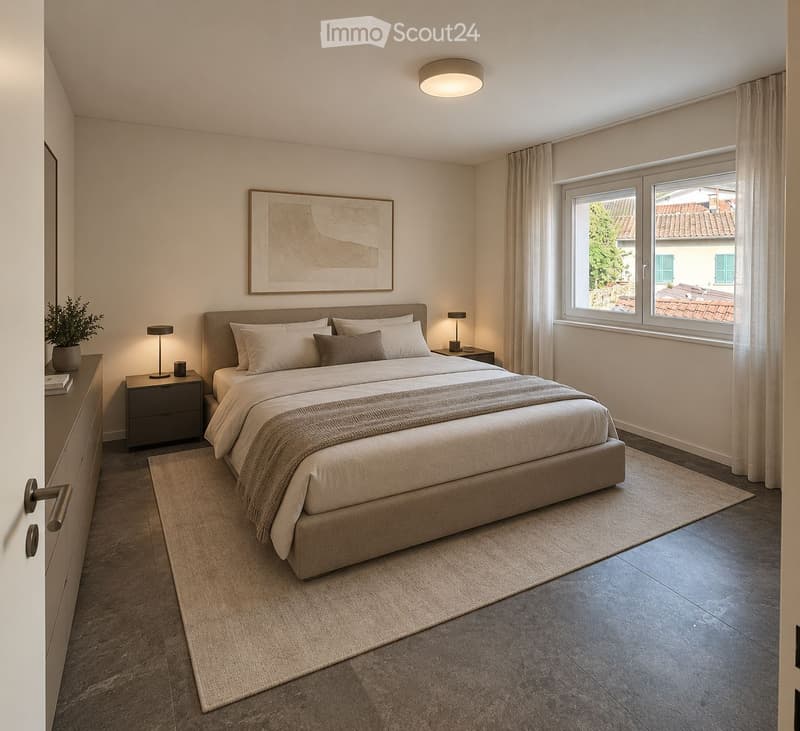 Modern bedroom with a large bed, nightstands, lamps, a picture frame on the wall, and a potted plant on a dresser.