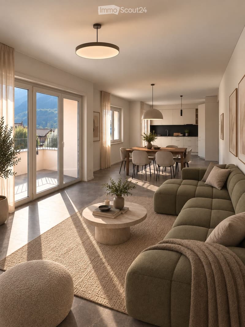 Modern living and dining area with large windows offering a scenic view, featuring a green sectional sofa, round coffee table, ottoman, dining table with chairs, and a sleek kitchen area.