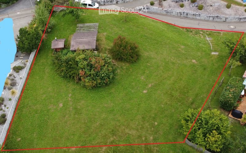 Aerial view of a large, well-maintained lawn with a small shed, a wooden deck, and surrounding greenery.