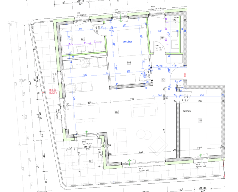 Floor plan of a building with multiple rooms, labeled areas, and dimensions. Includes rooms such as E01, E02, E03, E04, E05, E06, E07, and VM areas. Features a joint de dilatation and various measurements.