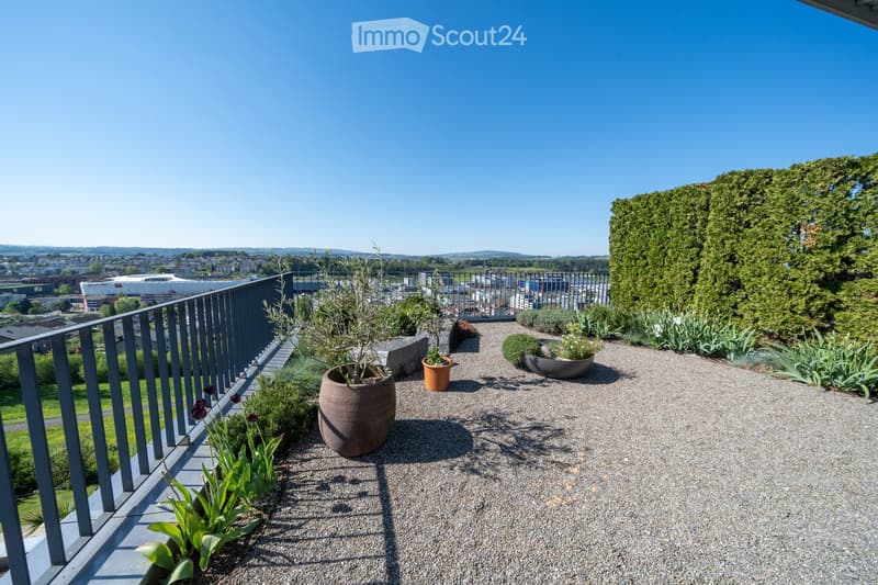 A modern rooftop terrace with gravel flooring, metal railing, and several potted plants, offering a panoramic city view.