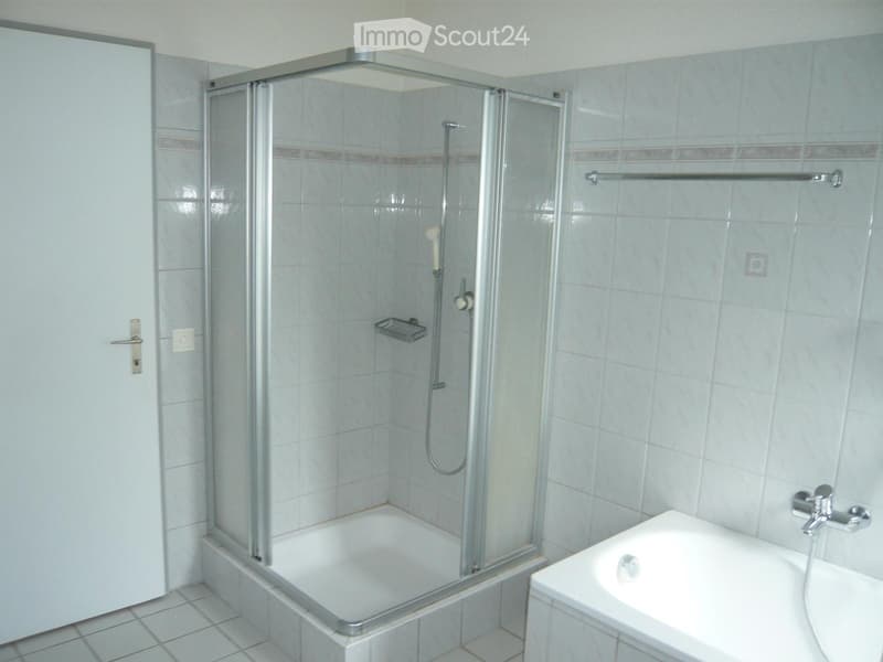 Modern bathroom with a bathtub enclosed by a glass shower enclosure, a separate sink with a modern faucet, and a towel rack on the wall.